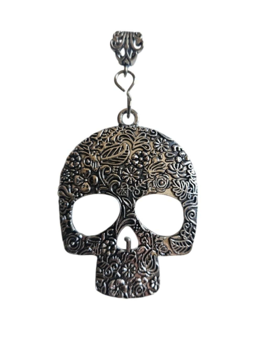Silver Floral Skull Large Pendant